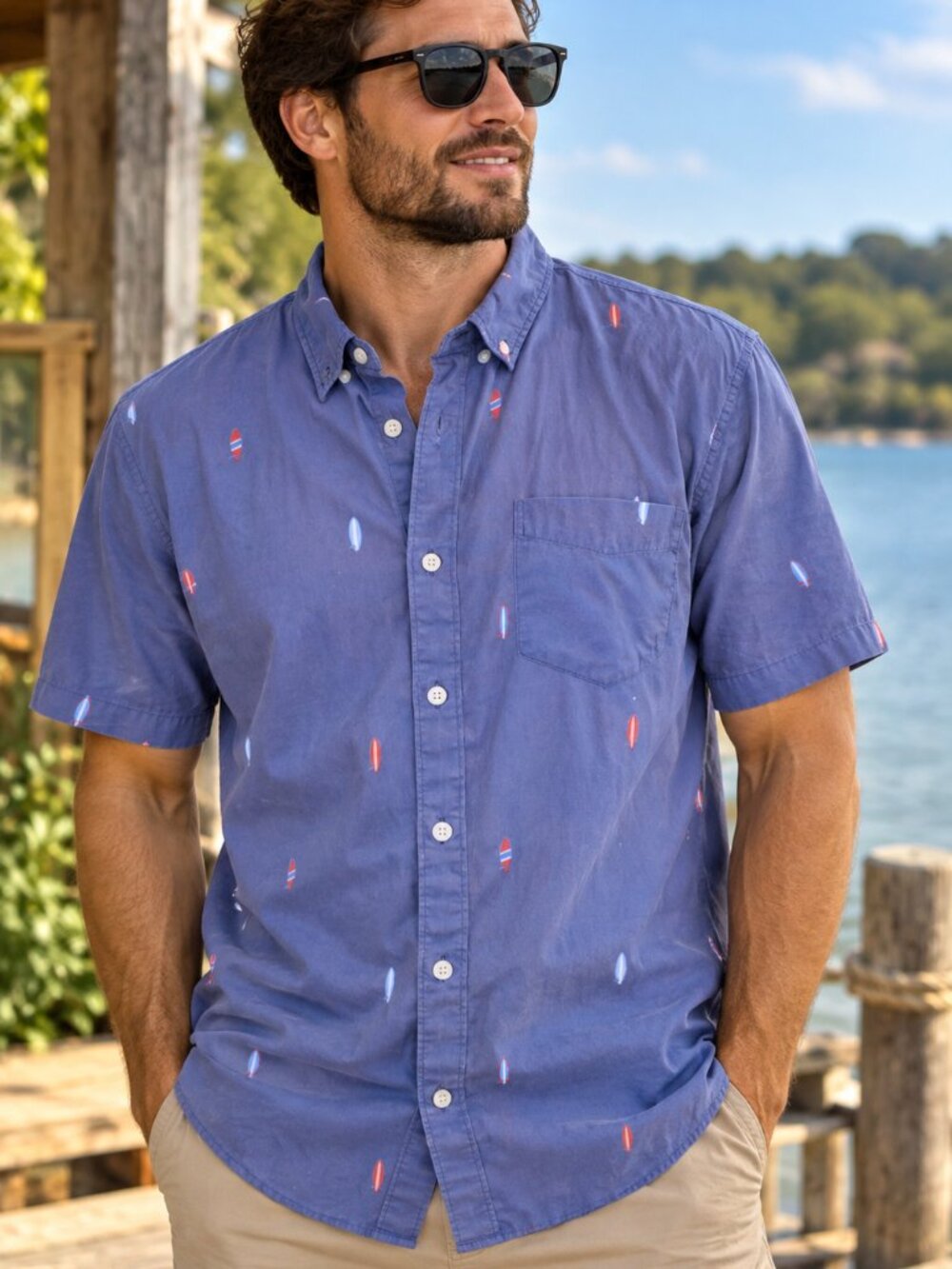 American Eagle Seriously Soft Mens M Blue Surfboard Button Up Shirt Cotton 156